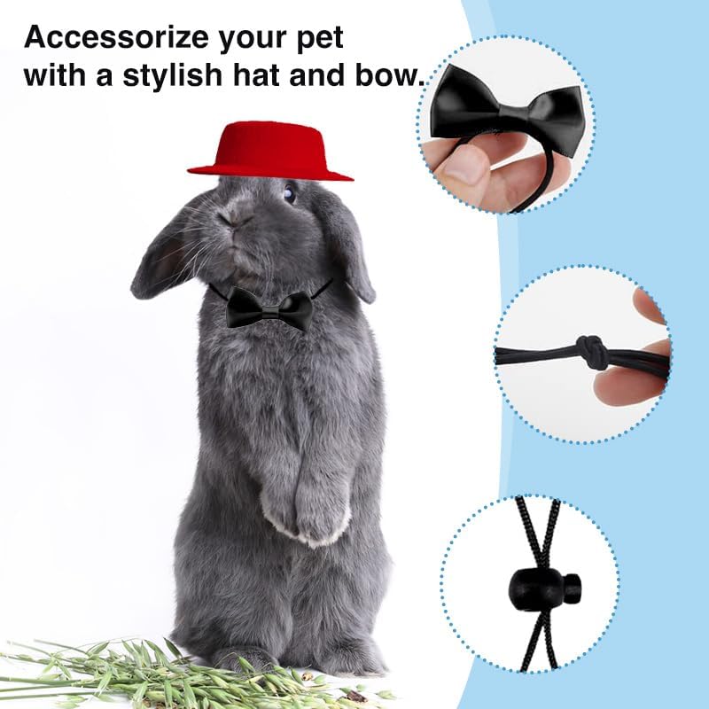 hokable 2pcs Guinea Pig Clothes Small Animal Bow Tie Pet Hat Costume Set Role Play Cute Pet Hat Bow Tie for Hamster Guinea Pig Rabbit Chinchilla Hedgehog（Red hat + Black Bow tie） - Image 4